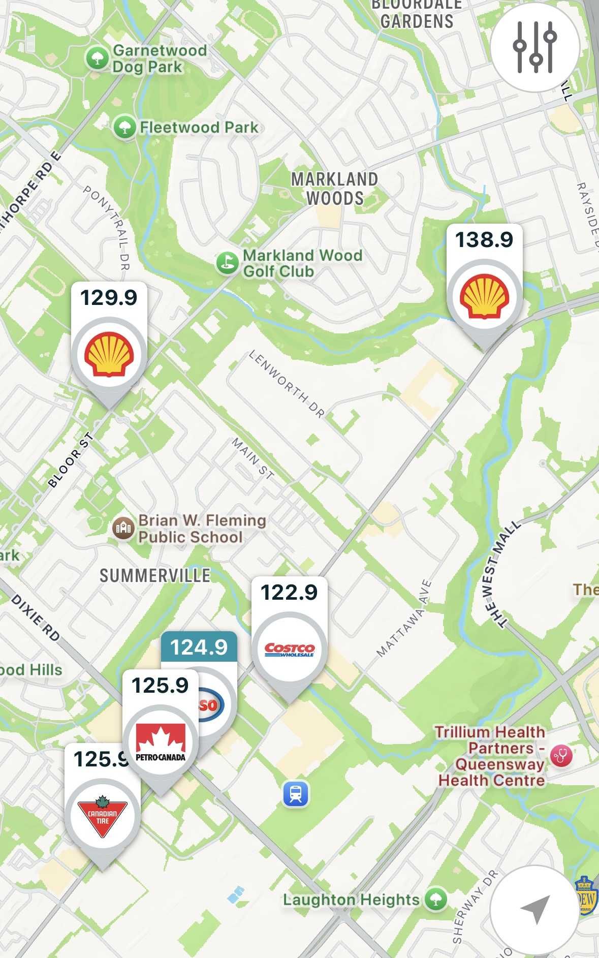 Screenshot of GasBuddy price map in central Mississauga, Ontario.