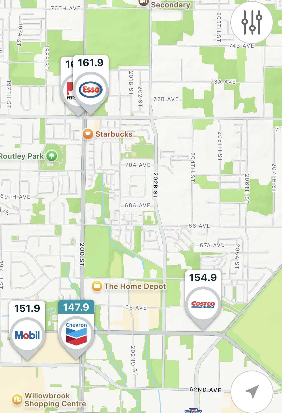 Screenshot of GasBuddy price map in Langley, BC.