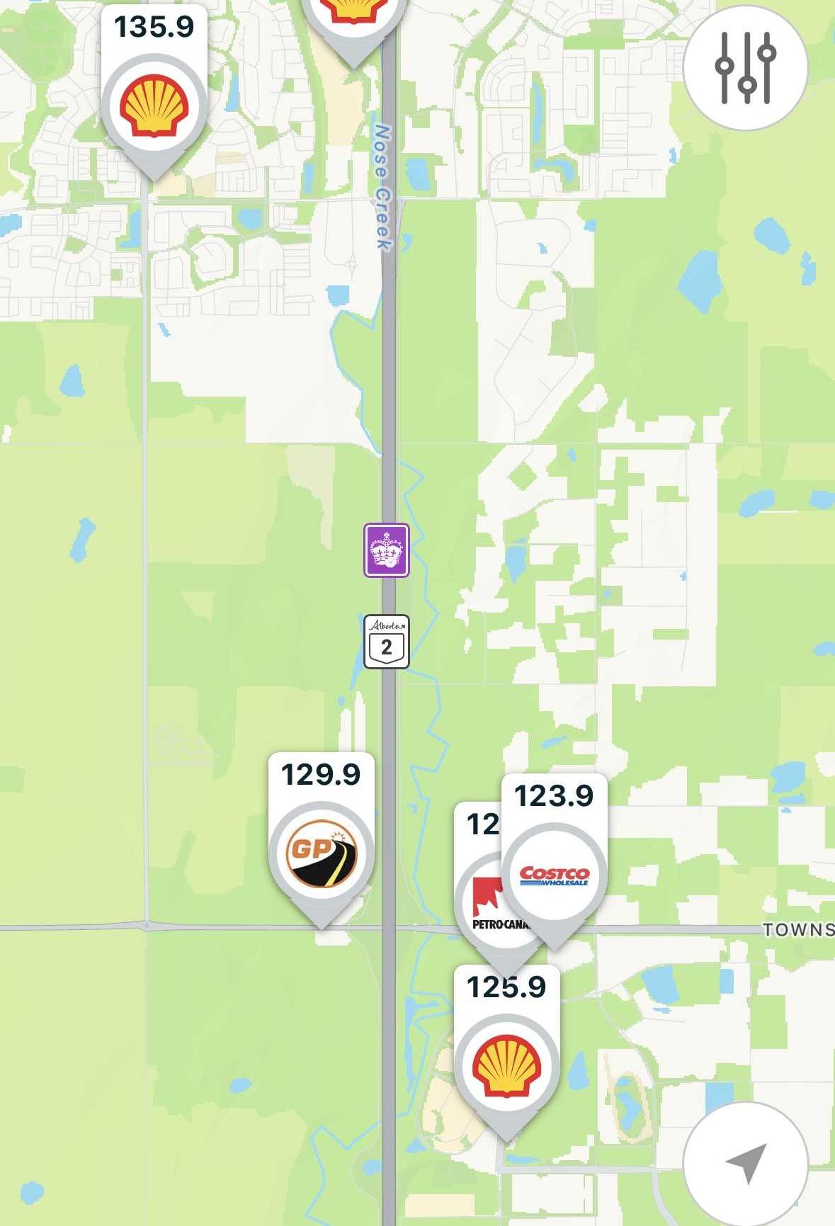 Screenshot of GasBuddy price map in Rocky View, Alberta.