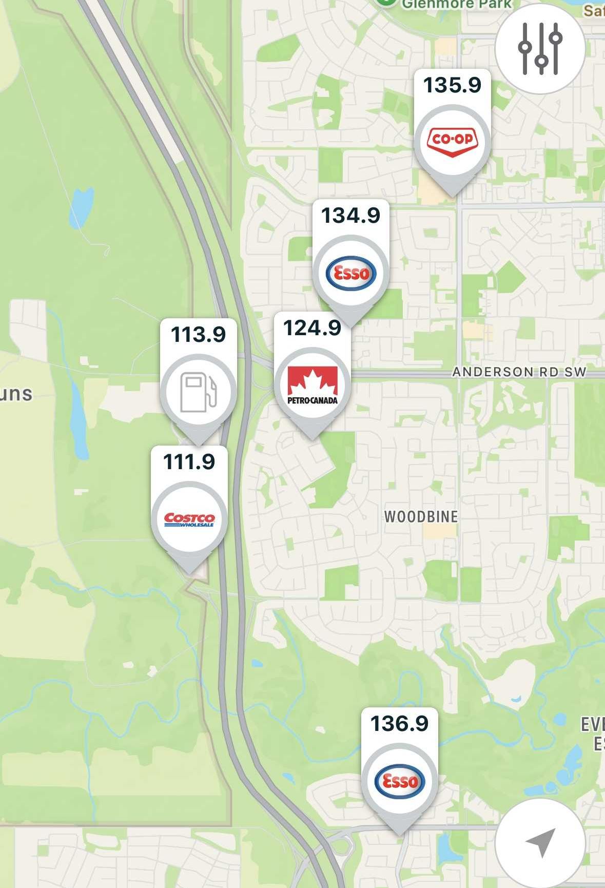 Screenshot of GasBuddy price map in southwest Calgary.