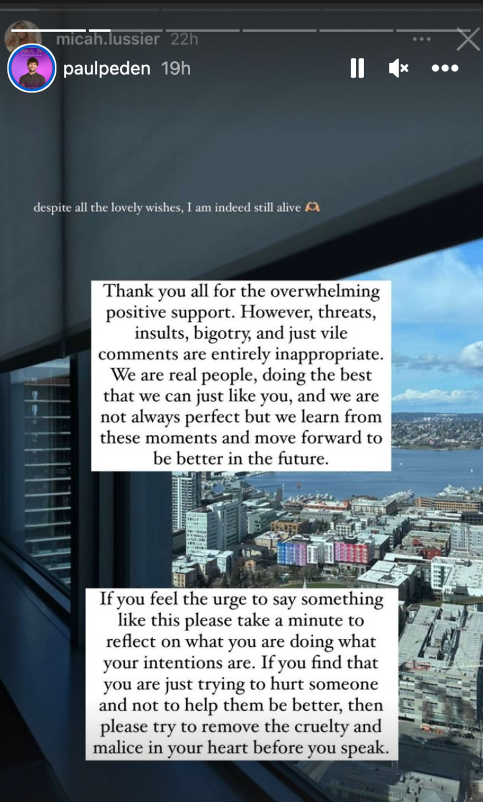 Screenshot of Paul Peden's Instagram story.