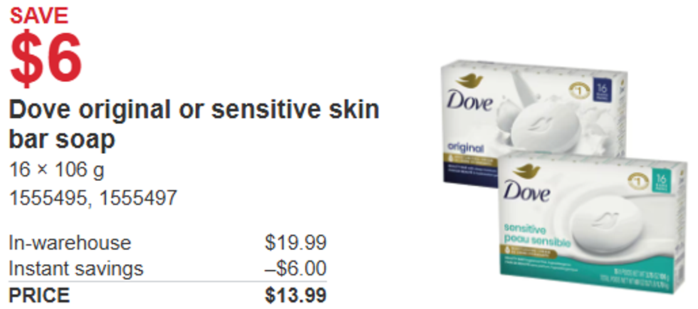 screenshot of \u200bDove original and sensitive skin bar soap from Costco