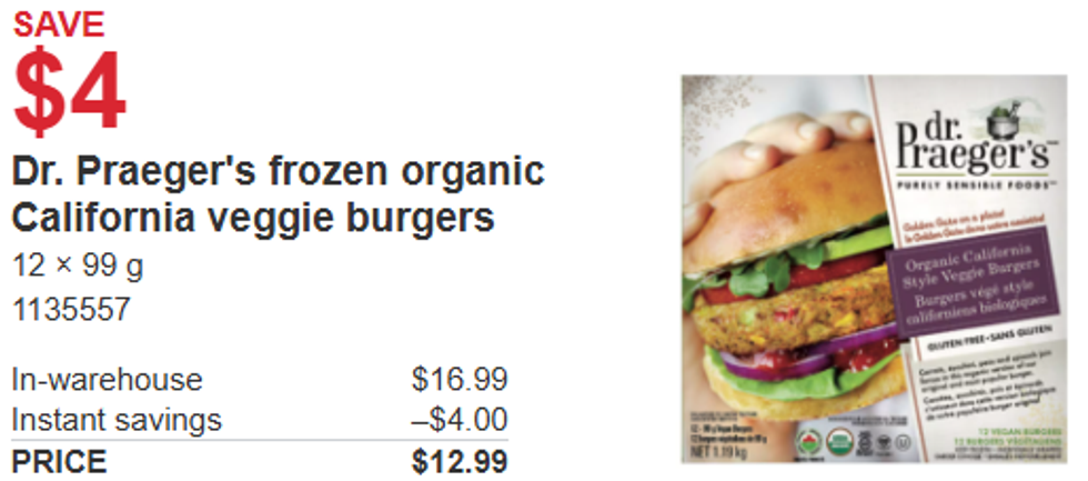 screenshot of \u200bDr. Praeger's frozen organic California veggie burgers from Costco