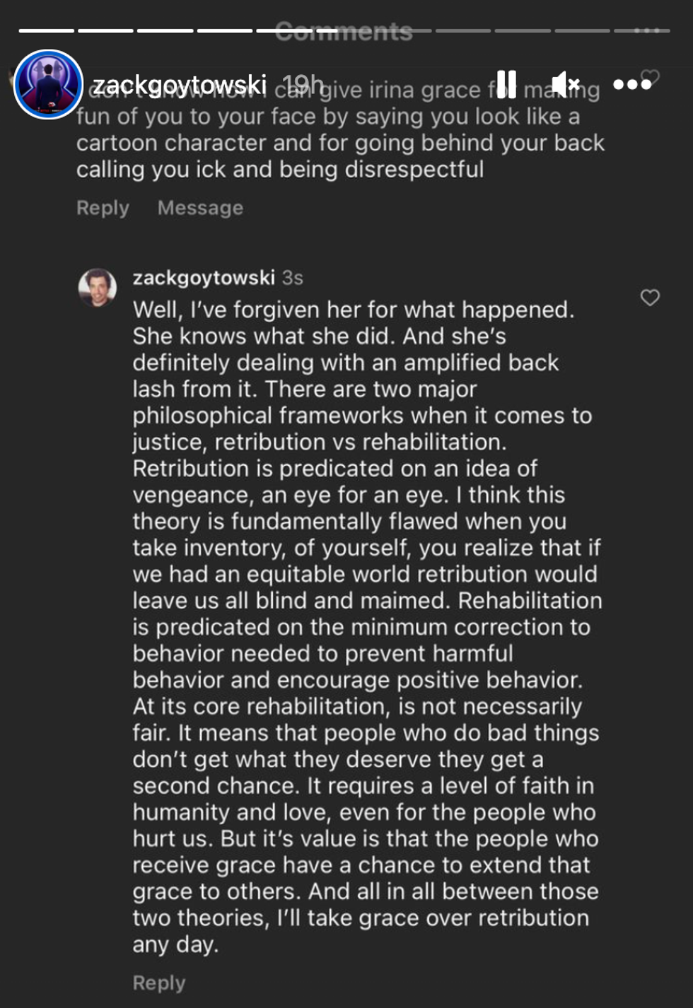 Screenshot of Zack Goytowski's Instagram story.