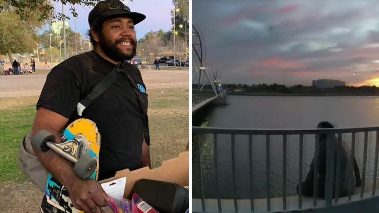 Sean Bickings. Right: Sean Bickings sitting on the edge of the rail.