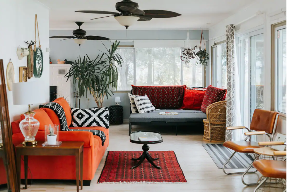 Seating area in cabin.