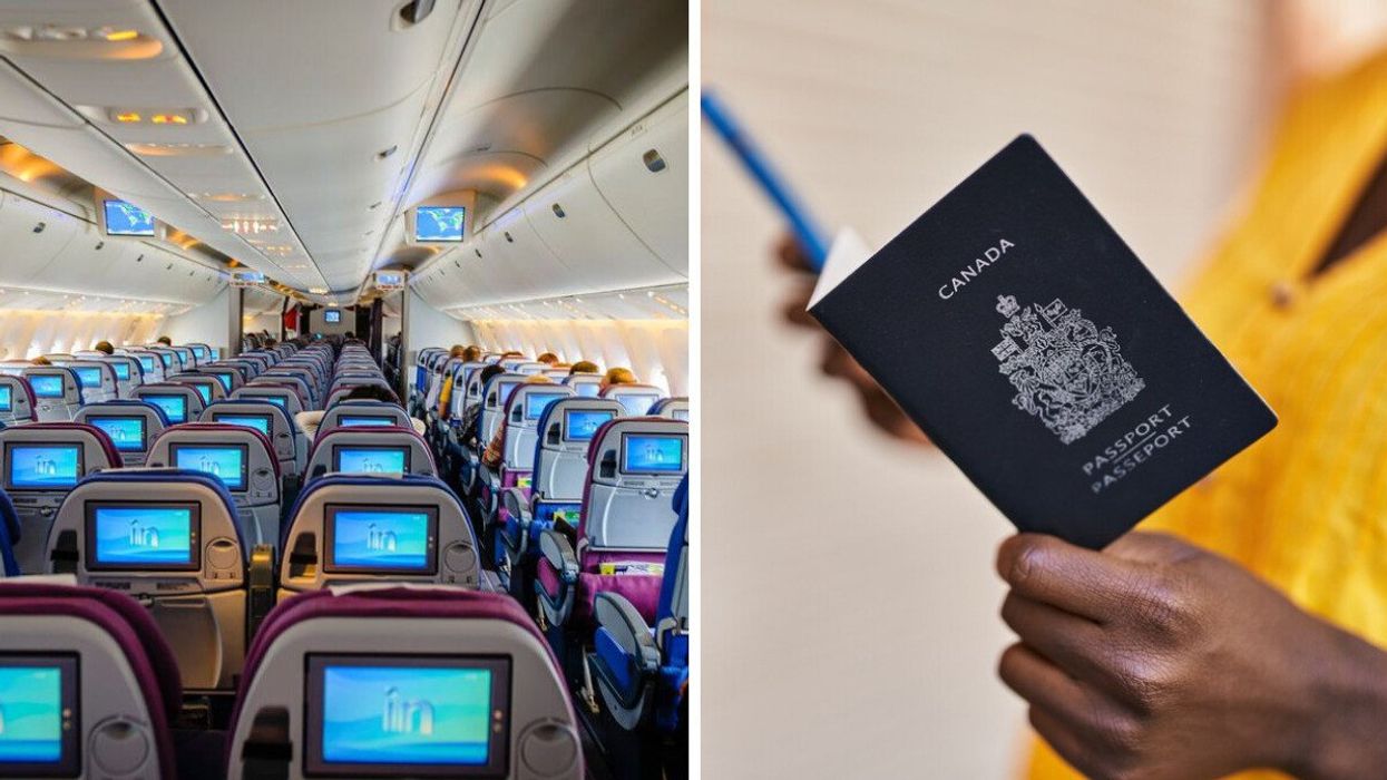 Seats on a plane. Right: A person holds a Canadian passport.