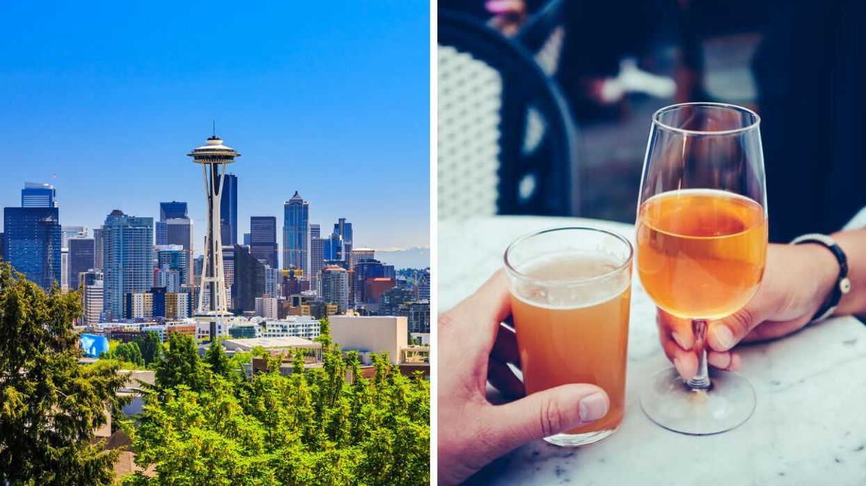 Seattle, WA. Right: Two people making a toast with beer and wine.