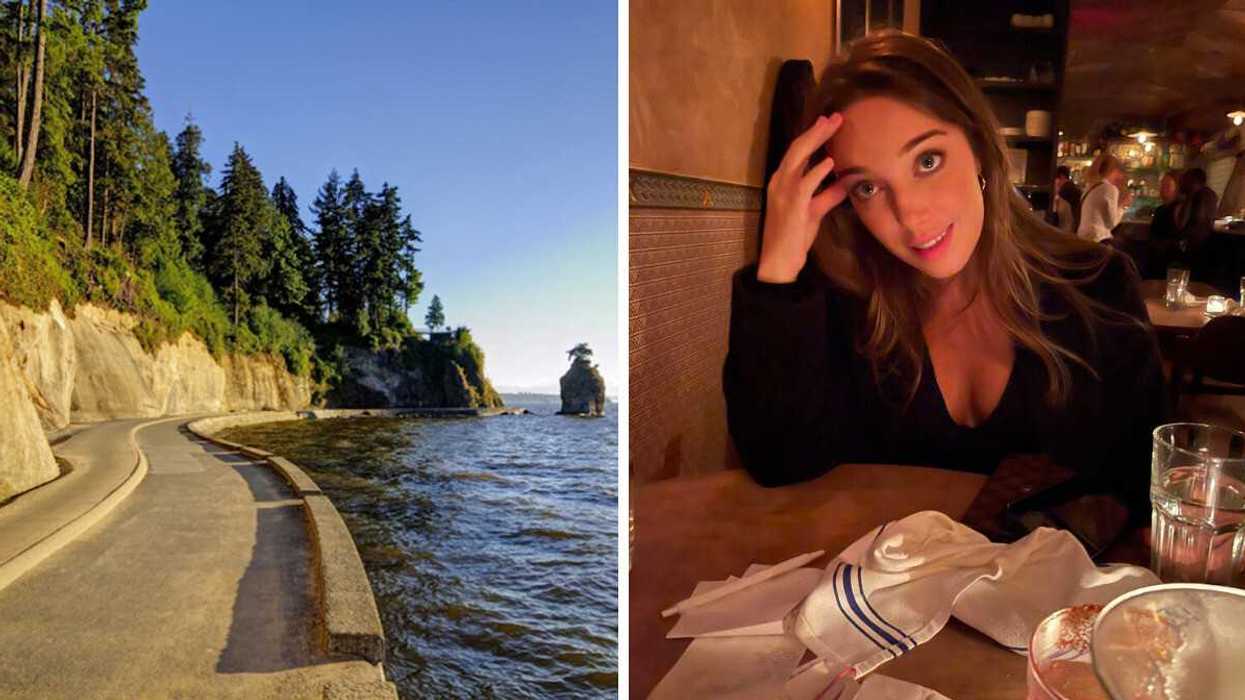 Seawall with path, ocean, trees. Right: Person at dinner with head in hands.