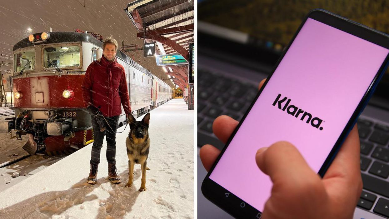 Sebastian Siemiatkowski, the CEO of Klarna with his dog. Right: the Klarna app on a phone.