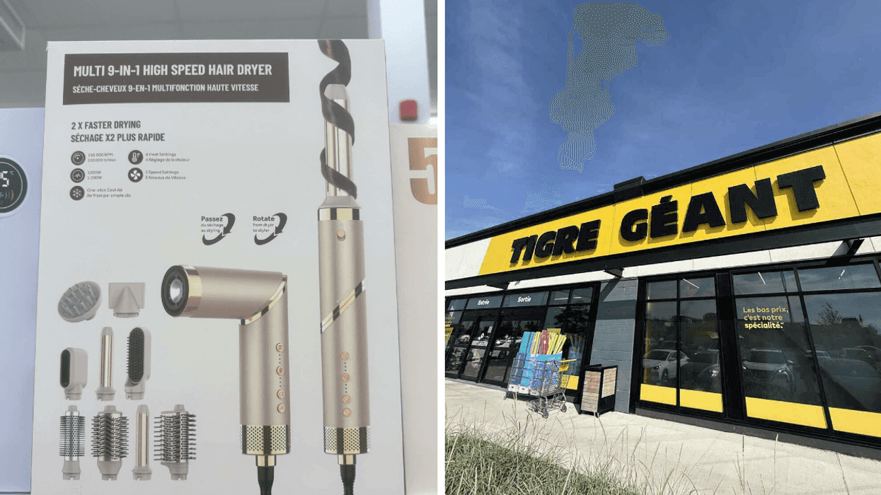 Séchoir à cheveux multifonction en vente au Tigre Géant. Droite : Façade d'un magasin Tigre Géant.