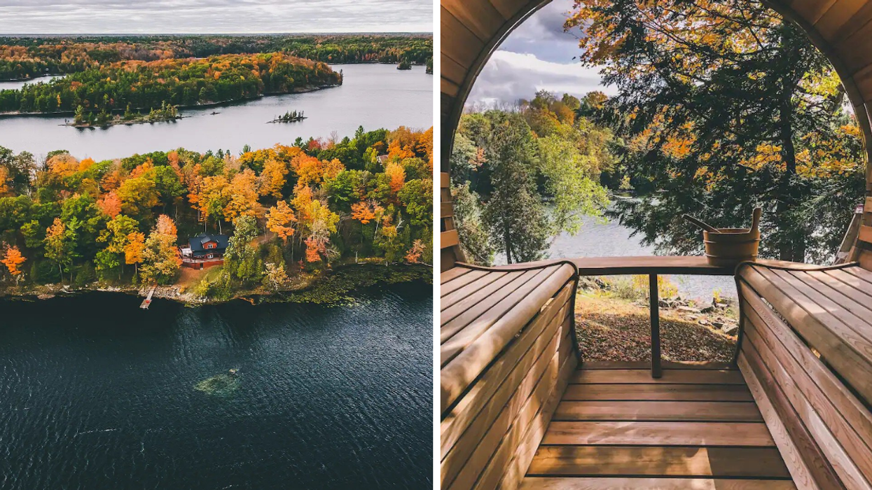 Secluded cabin on a lake surrounded by forest in Ontario. Right: Waterfront view from barrel sauna.
