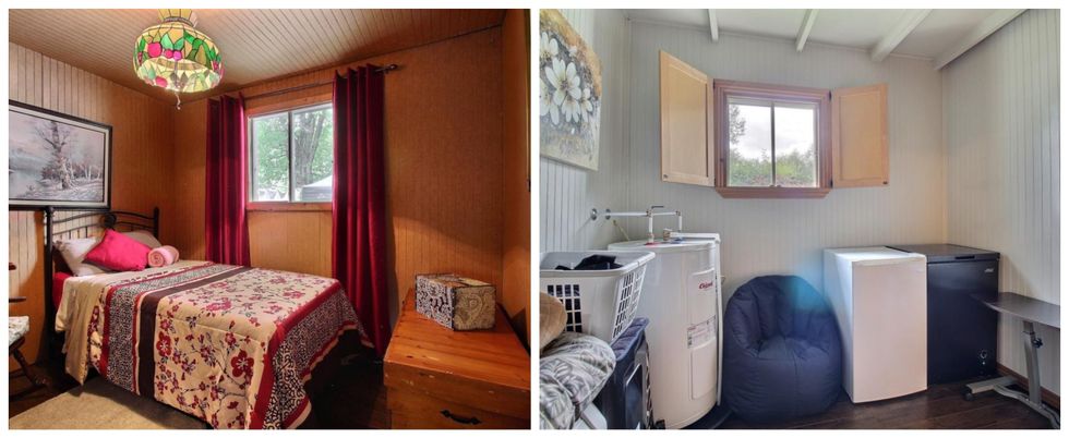 Seconde chambre d'un chalet \u00e0 vendre au Qu\u00e9bec. Droite : Pi\u00e8ce en extra d'un chalet \u00e0 vendre au Qu\u00e9bec.