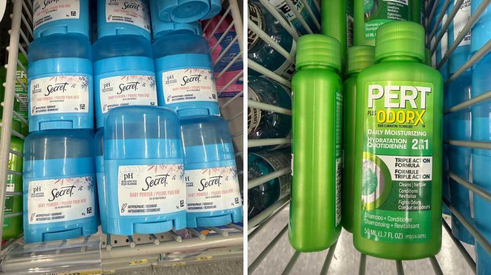 Secret Baby Powder antiperspirant. Right: Small green bottles of Pert shampoo and conditioner.
