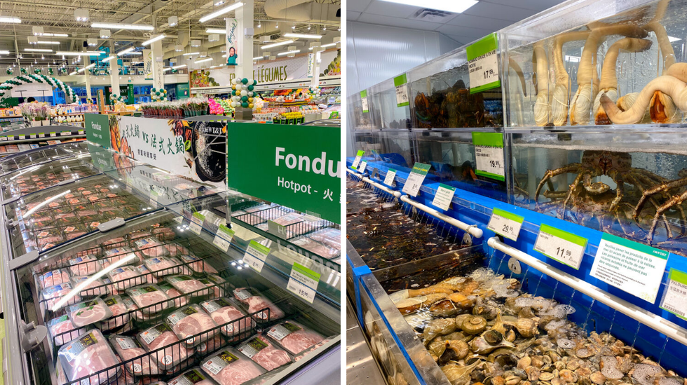 Section sp\u00e9ciale fondue chinoise. Droite : Poissons et crustac\u00e9s.