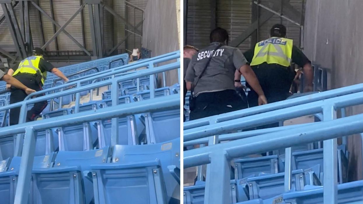Security walking up to a couple in a Toronto Blue Jays game.