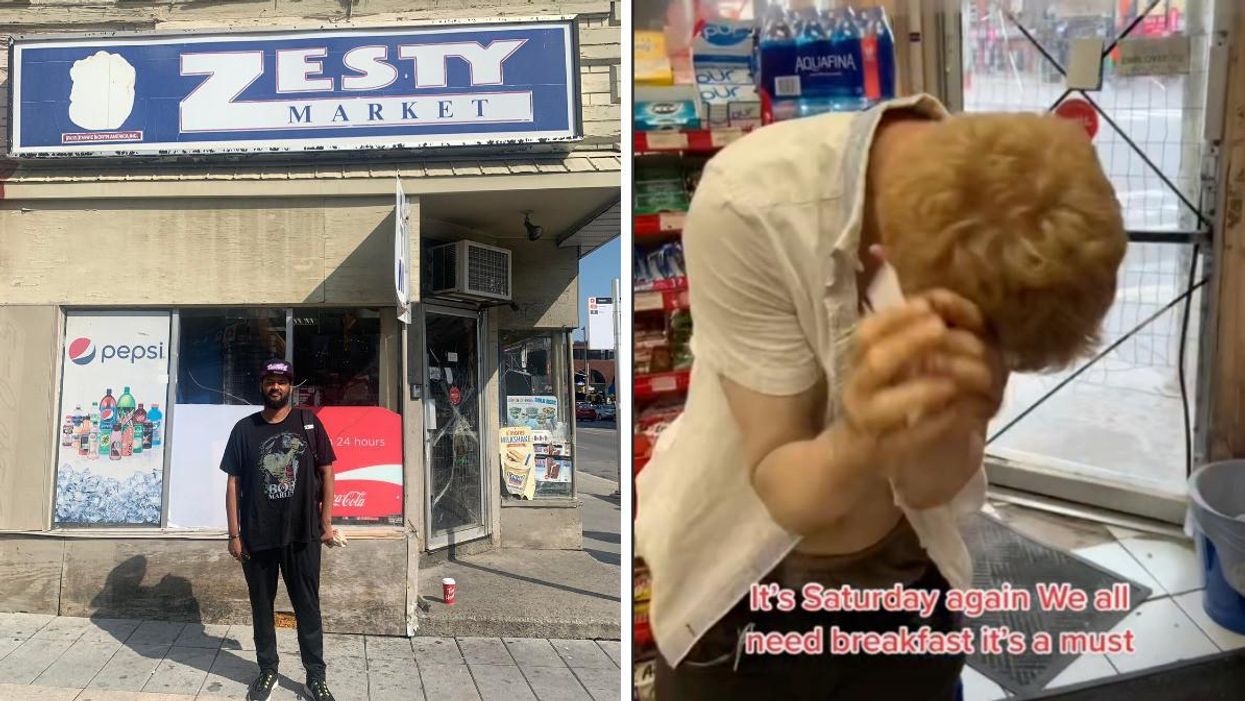 Segetlab Haile outside of Zesty Market. Right: Man receives Tim Hortons card.