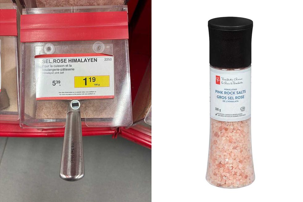 Sel rose himalayen vendu en vrac chez Bulk Barn. Droite : Sel rose himalayen vendu chez Maxi.