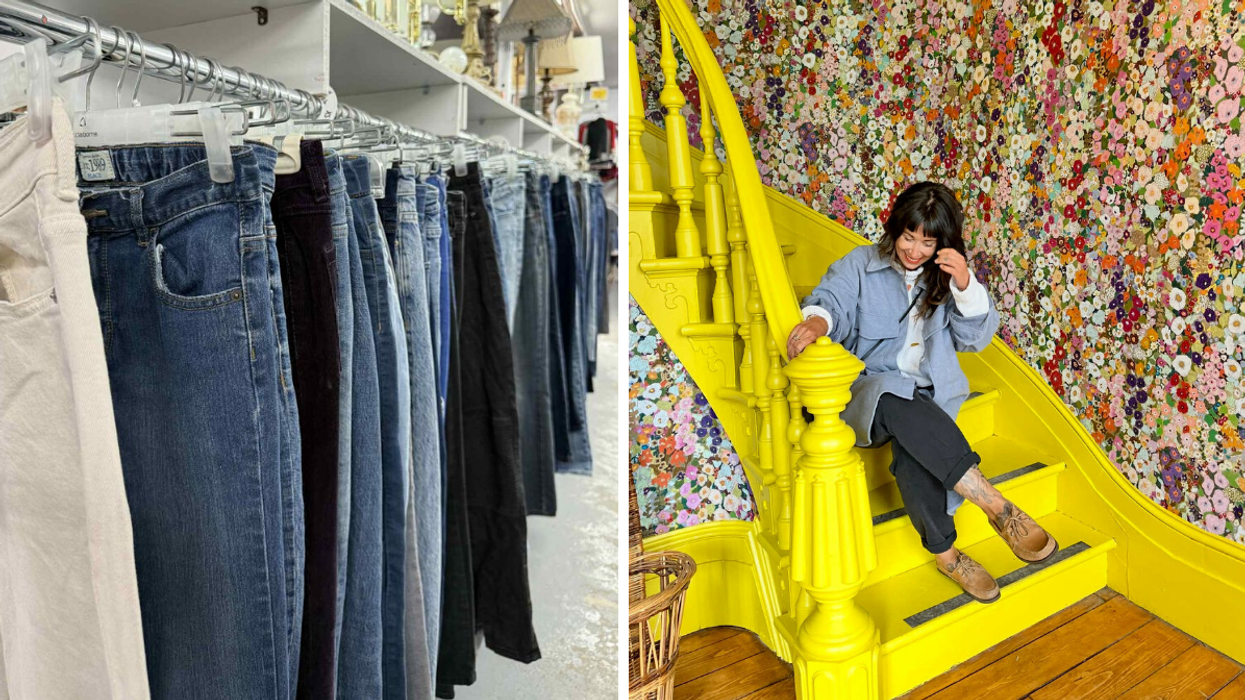 Sélection de jeans de seconde main en vente à la Friperie Rosemère. Droite : personne assise dans les escaliers de la Midinette.