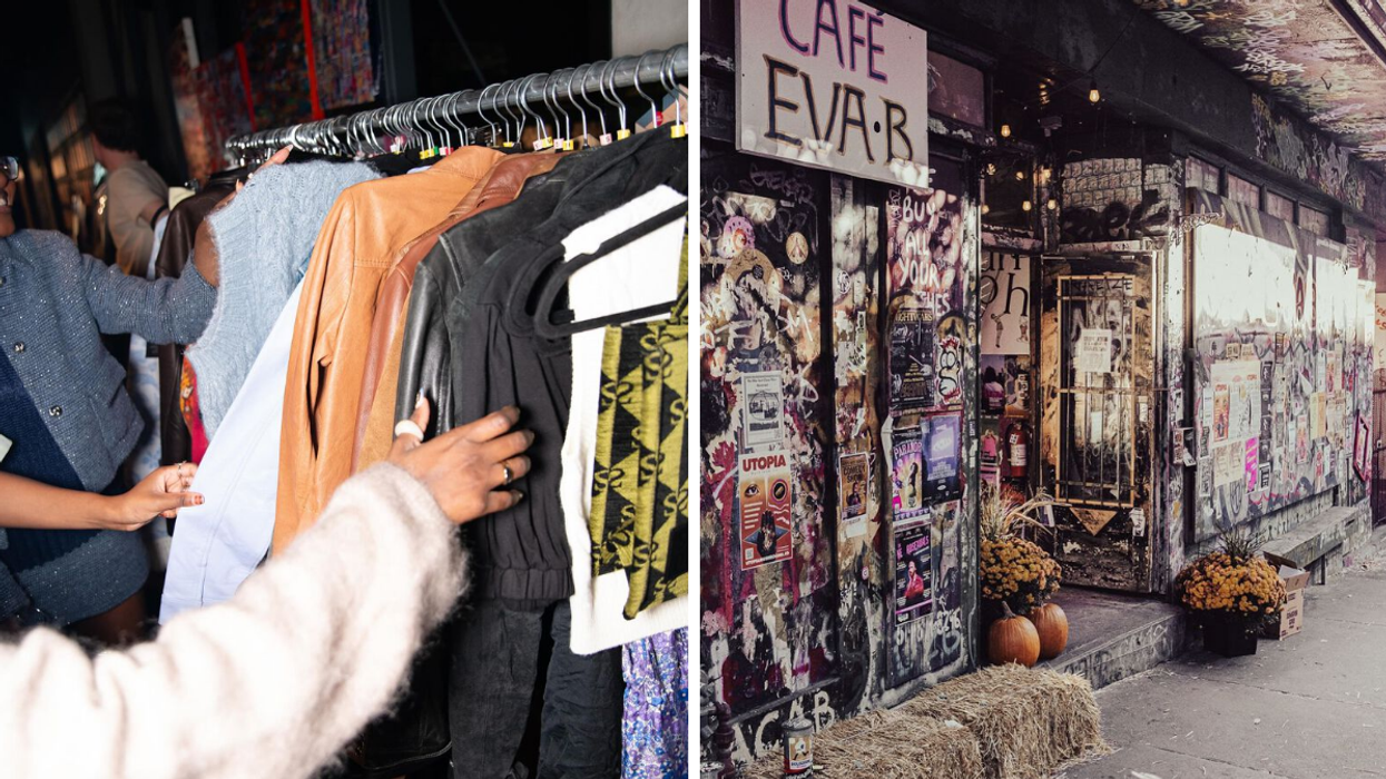 Sélection de vêtements d'occasion en vente à la boutique Secondli. Droite : Devanture de la friperie Eva B.