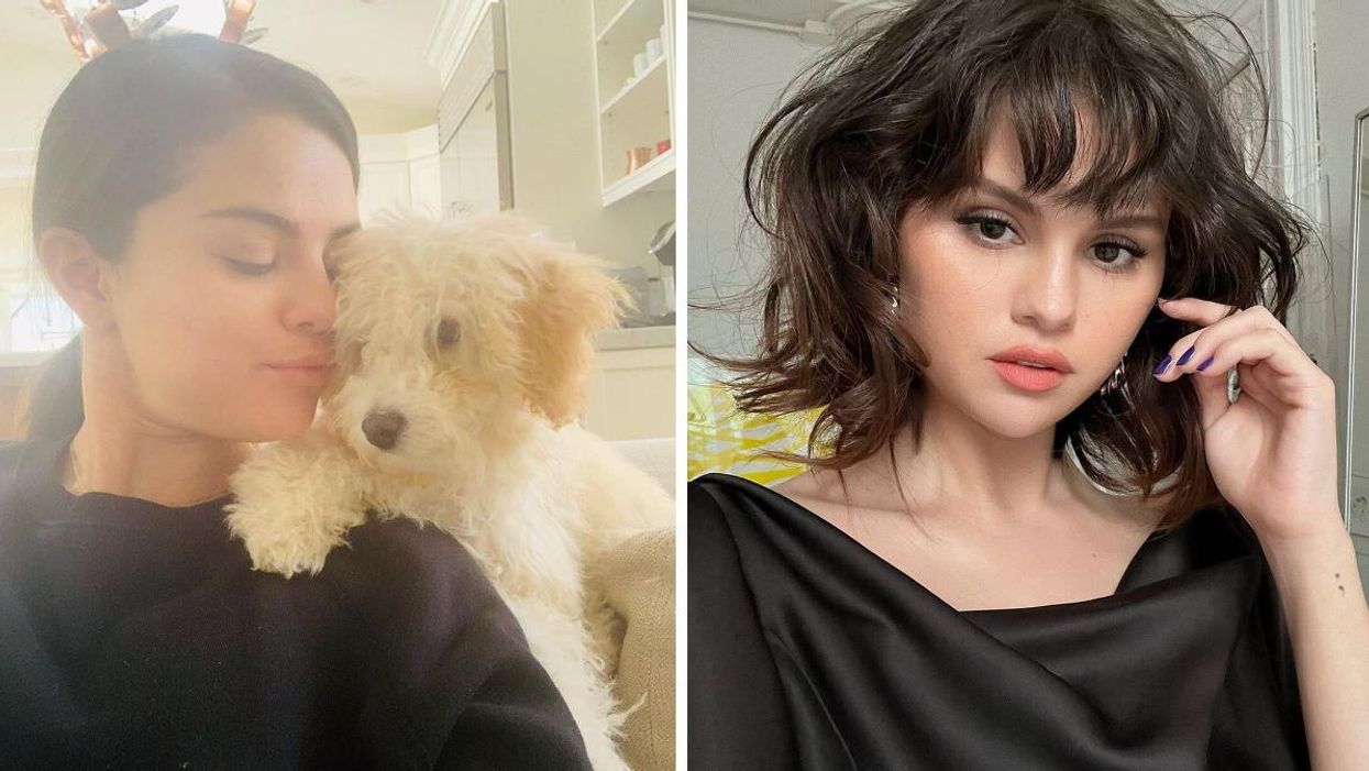 Selena Gomez and a dog. Right: Selena Gomez.