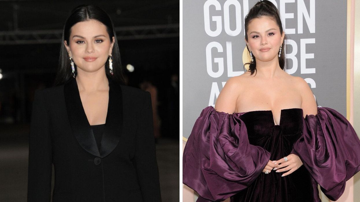 Selena Gomez at the 2022 Academy Museum Gala. Right: Selena Gomez at the 2023 Golden Globes.