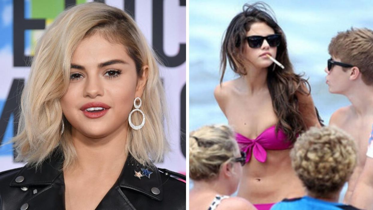 Selena Gomez smiling for the cameras. Right: Selena Gomez practicing self care at the beach.