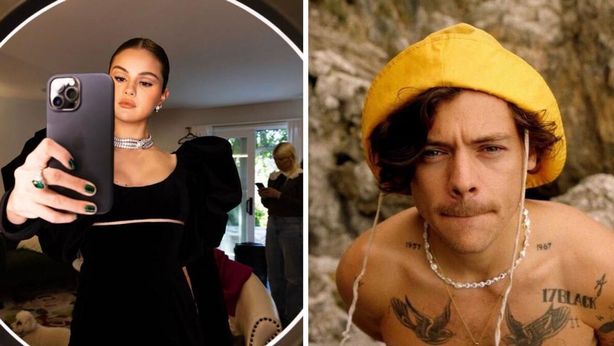 Selena Gomez taking a mirror selfie. Right: Harry Styles.