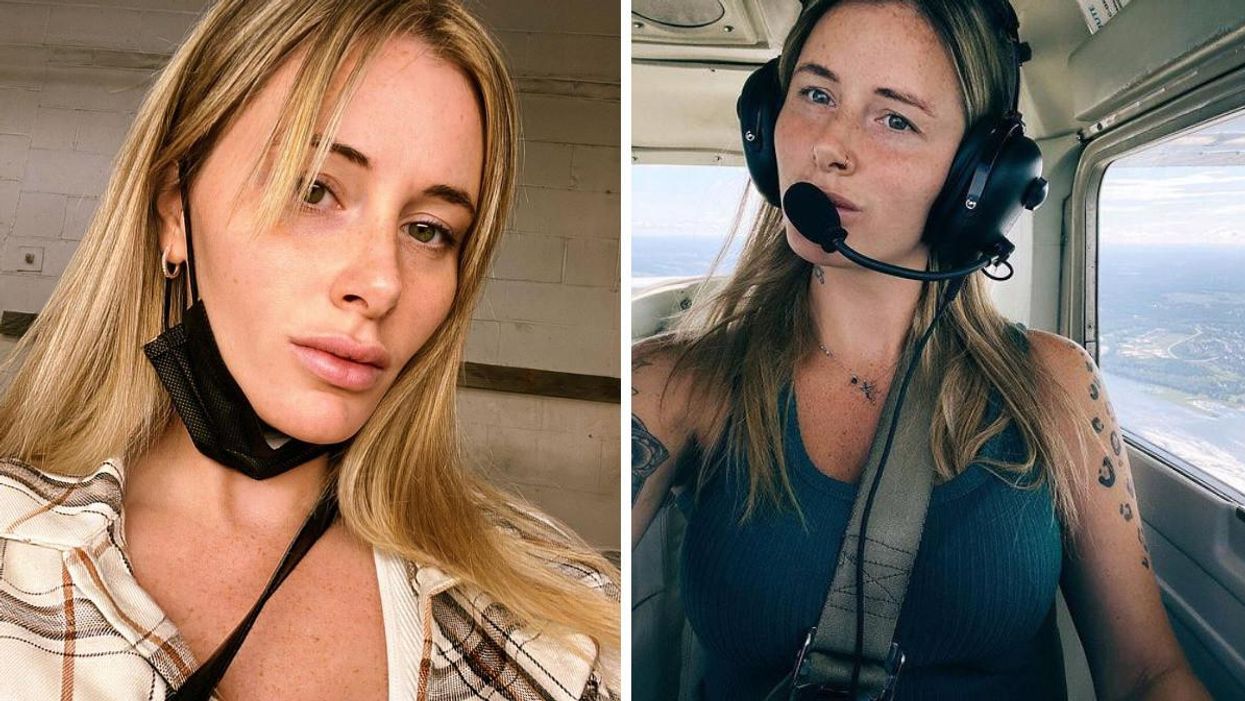 Selfie de Vanessa Sicotte. Droite : Vanessa Sicotte dans le cockpit d'un avion.