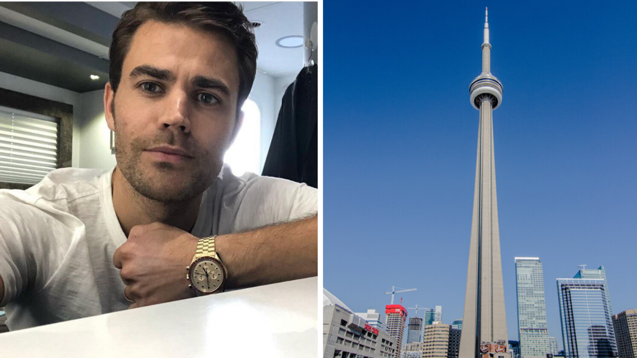 Selfie of Paul Wesley. Right: Toronto CN Tower.