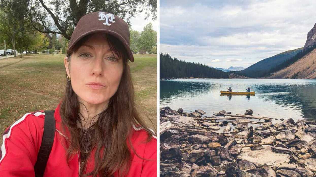 selfie of women in a hat; right couple in a canoe on water with mountains behind