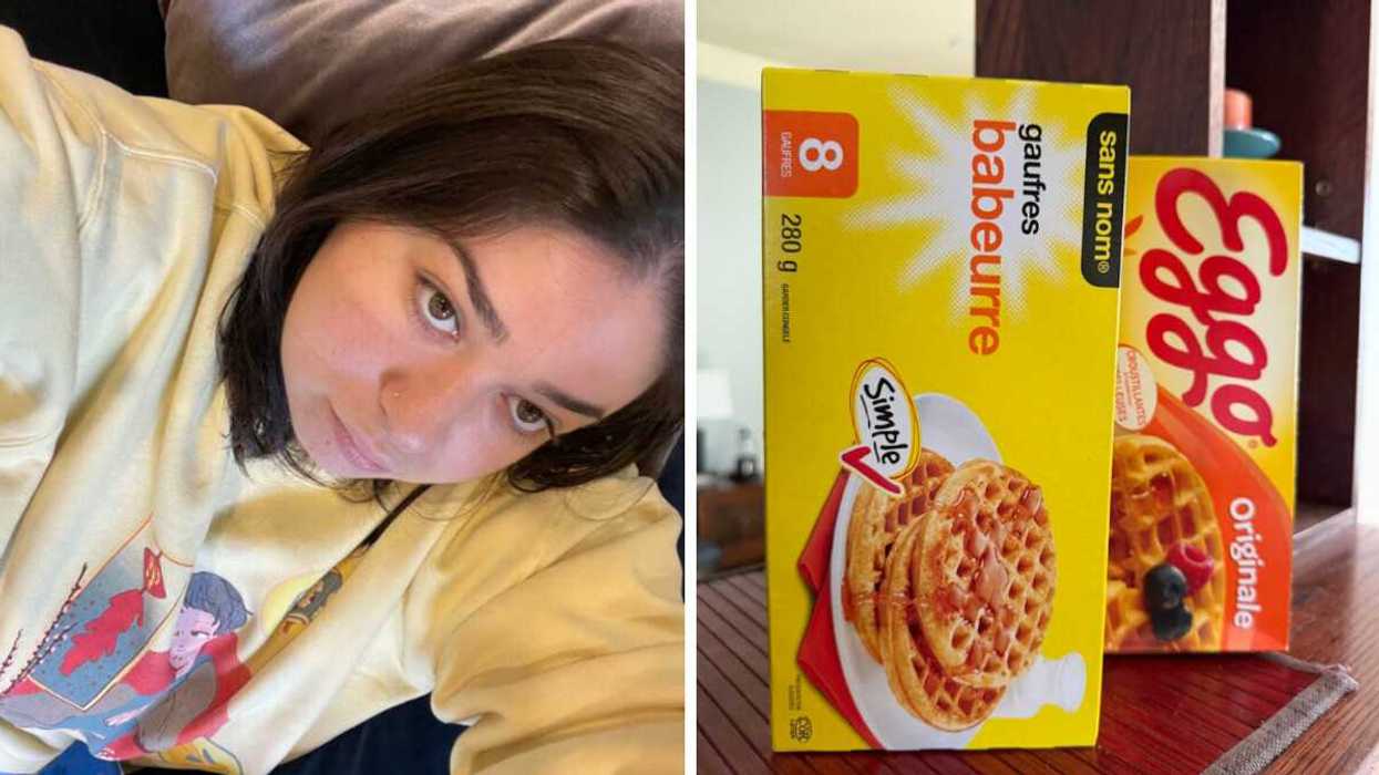 Selfie. Right: Eggos and No Name frozen waffles sitting on a table/