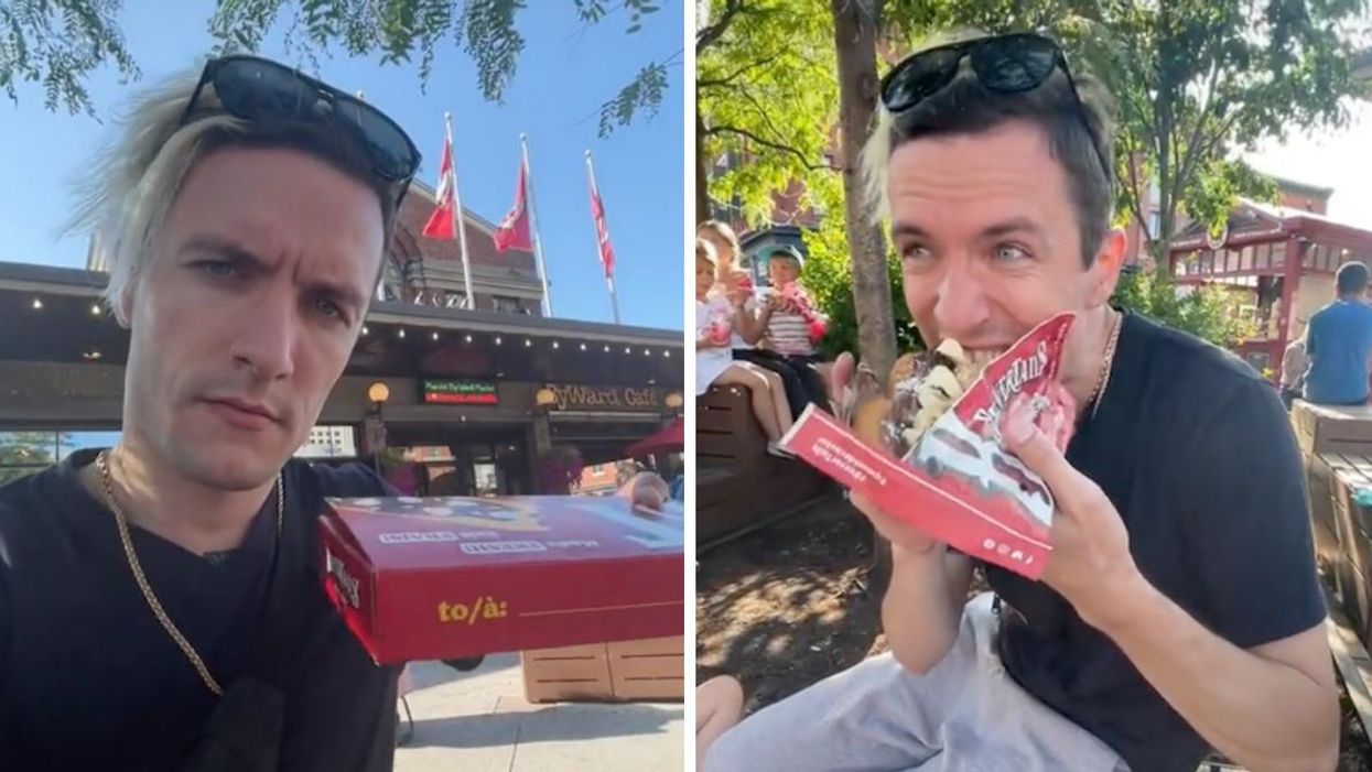 Semion holding a box. Right: Semion eating a Beavertail.