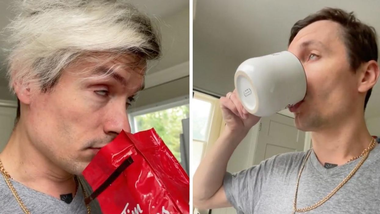 Semion sniffing Tim Hortons coffee. Right: Semion drinking his coffee.