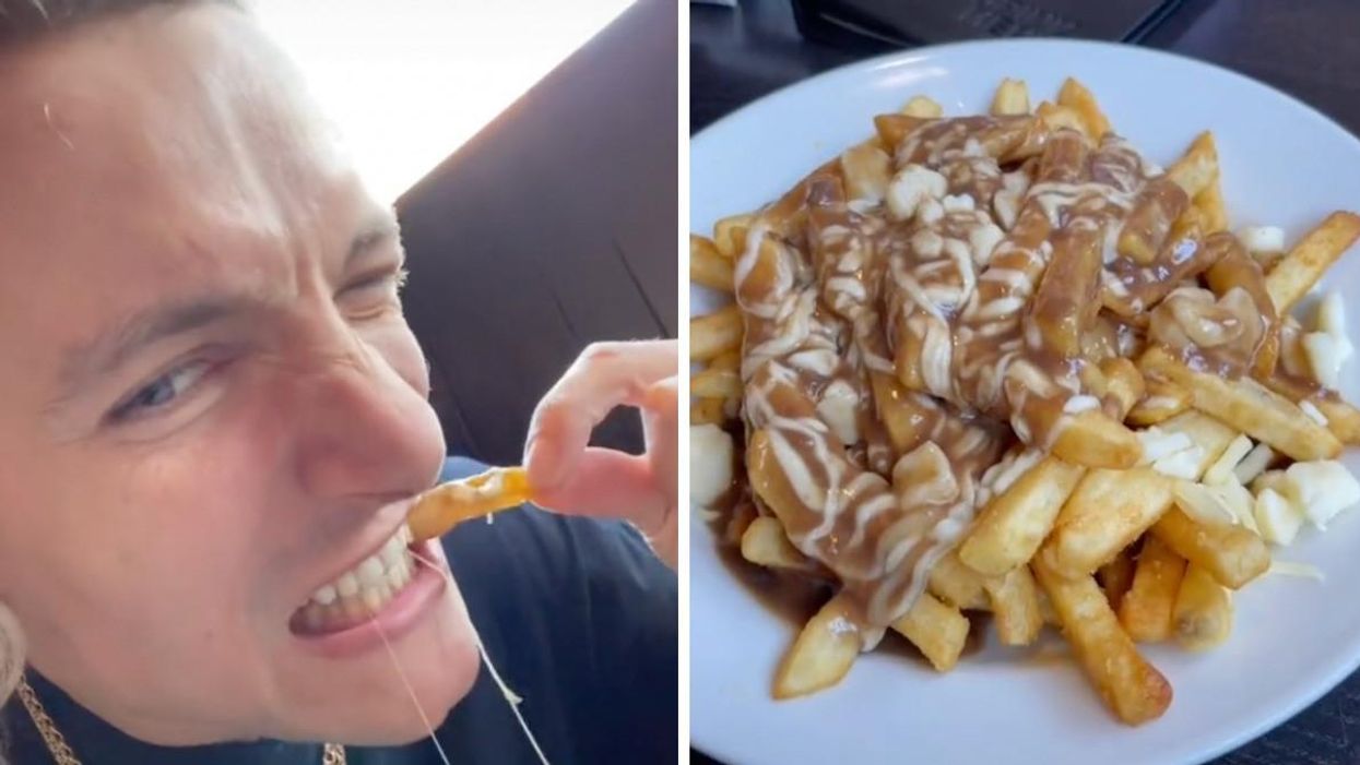 Semion trying poutine. Right: A plate of poutine.
