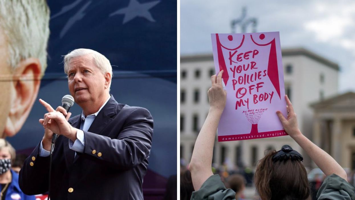 Senator Lindsey Graham holding a microphone. Right: A women holds a protest sign.