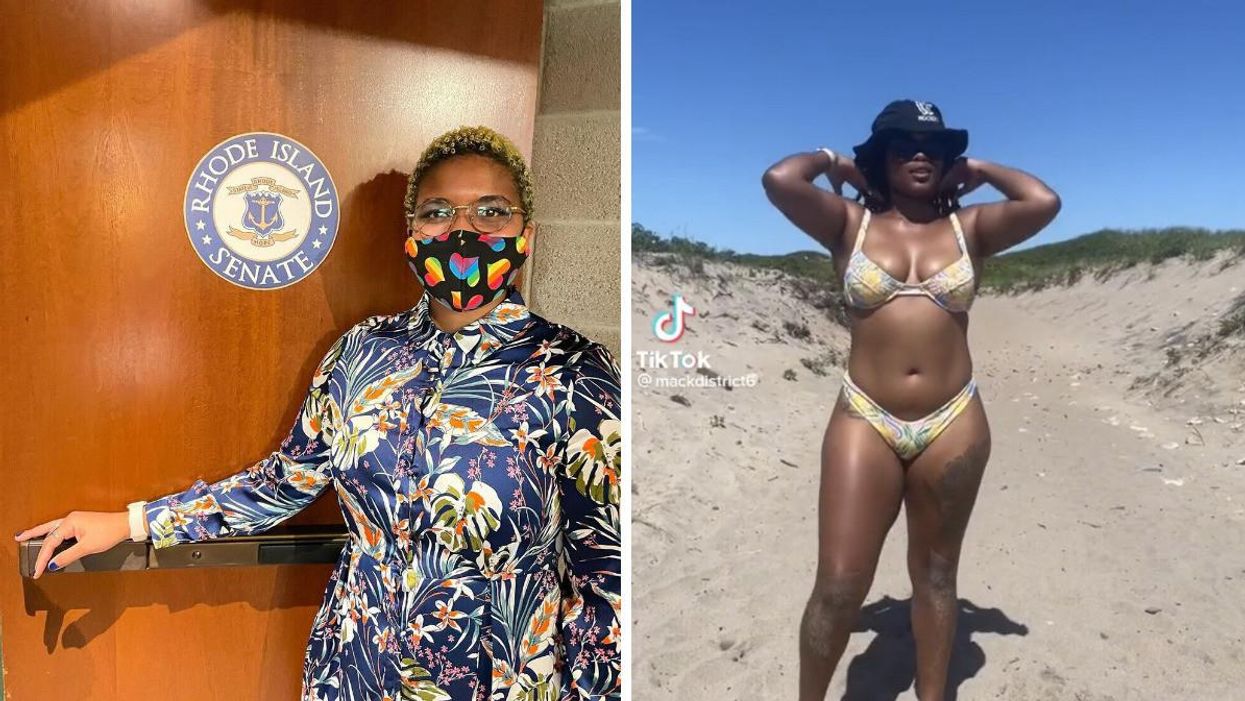 Senator Tiara Mack outside the Rhode Island Senate. Right: Mack in a TikTok video she posted.