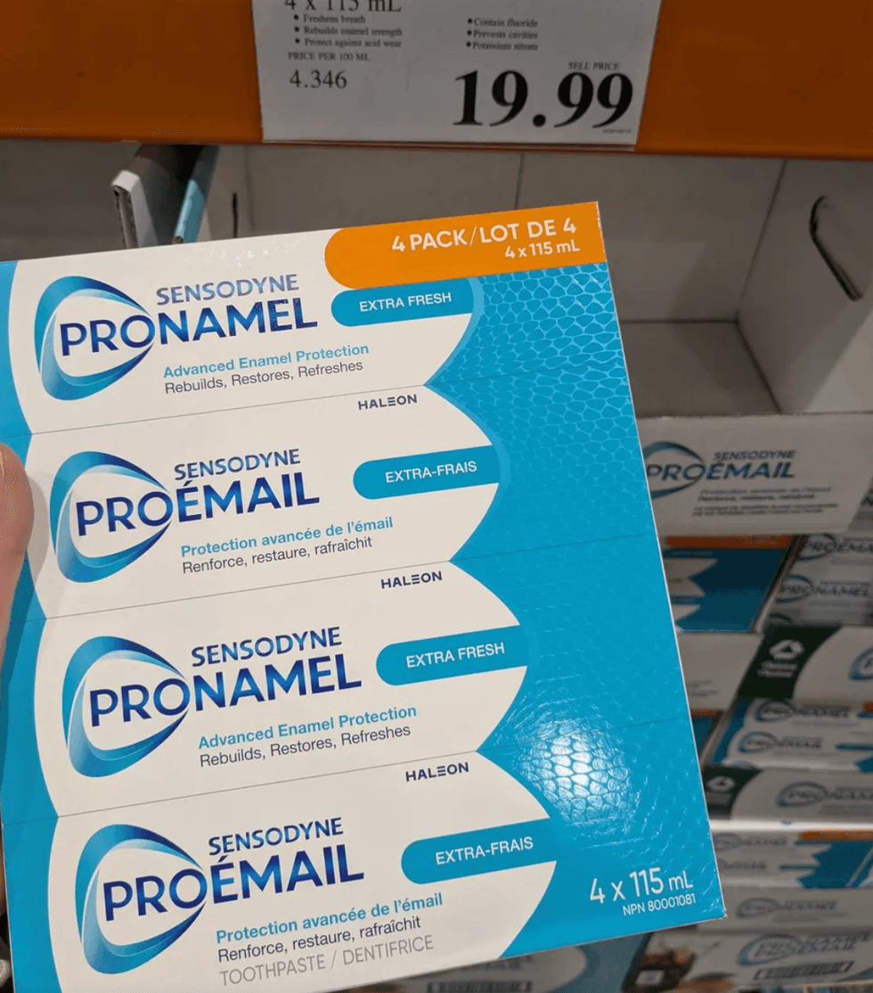 Sensodyne Pronamel toothpaste 4-pack on sale for $19.99 at a store.