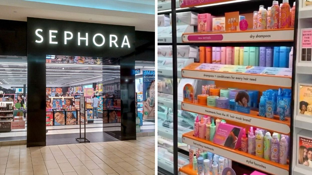 Sephora storefront. Right: Amika-brand haircare products on a shelf in Sephora.
