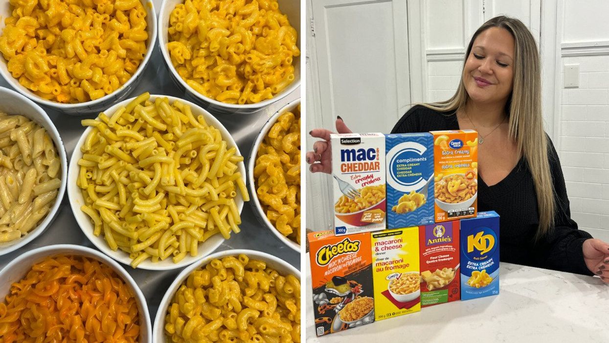 Sept bols remplis de macaroni au fromage. Droite : Izabelle et les sept boîtes de carton contenant les macaronis.