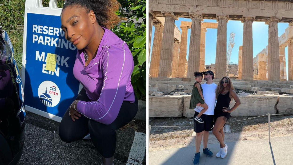 Serena Williams. Right: Serena Williams with her husband Alexis Ohanian and their daughter.