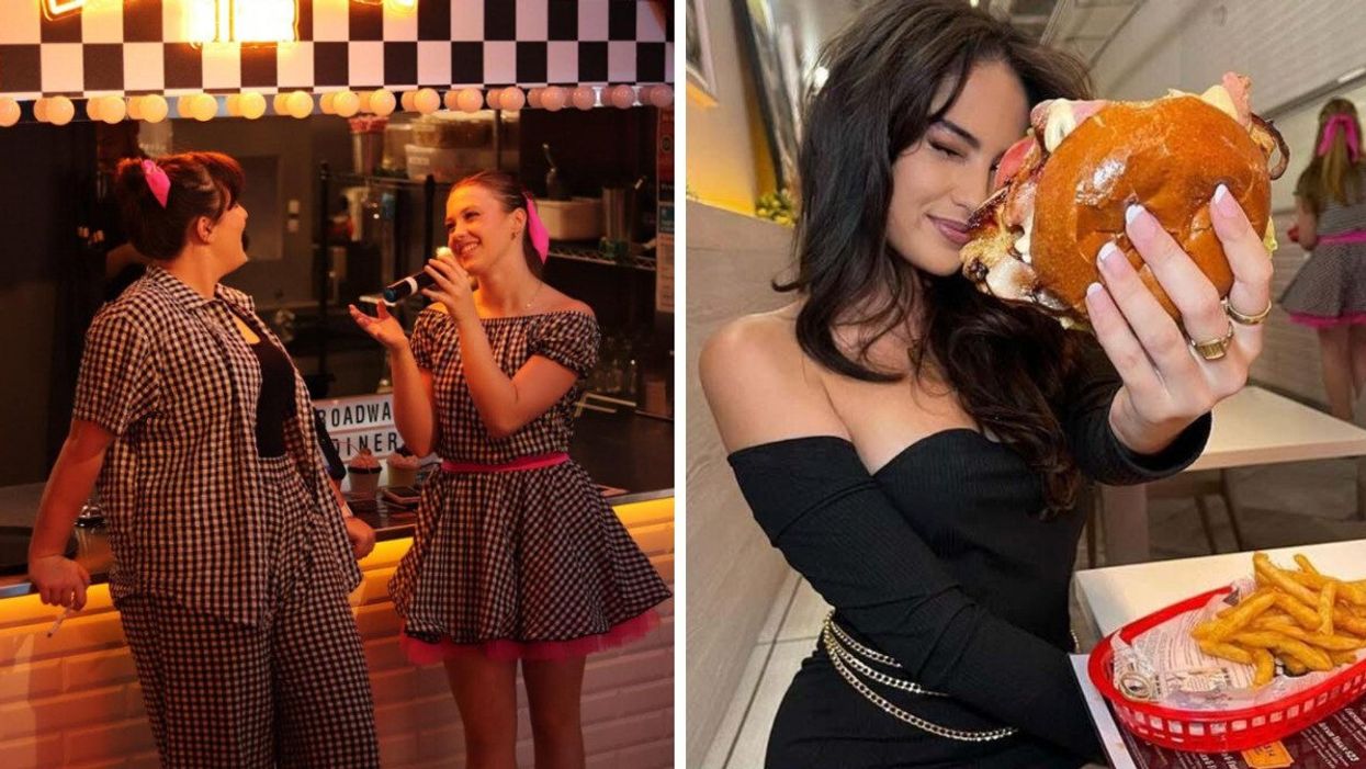 Servers singing at the diner. Right: Someone holding a burger.