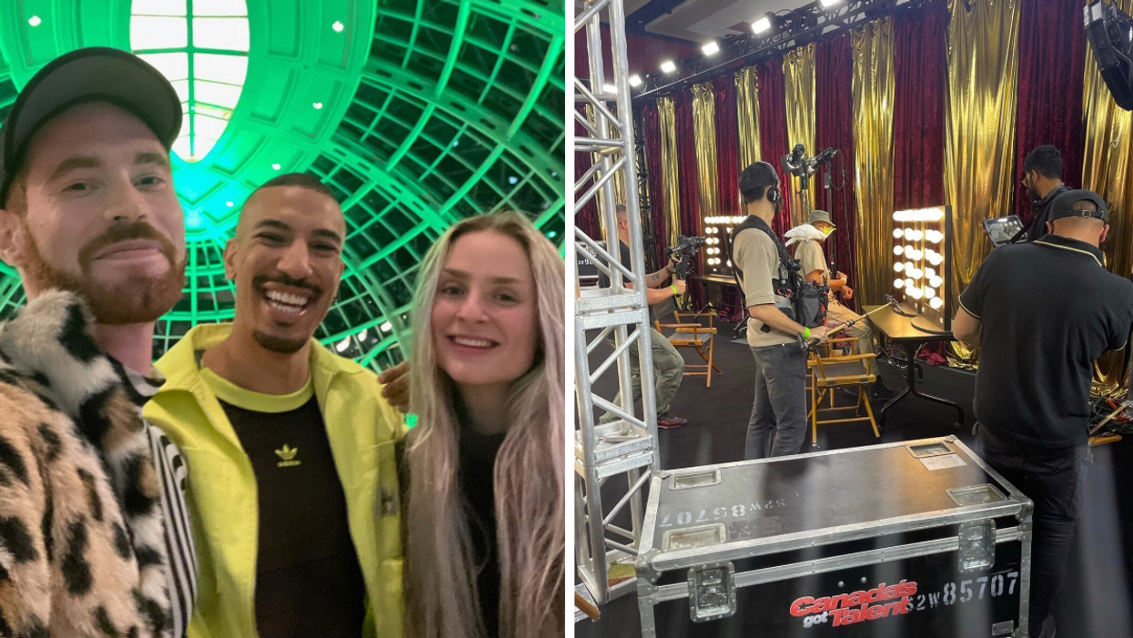 Seth Falk with his two assistants on set. Right: Seth Falk on 'Canada's Got Talent' set.