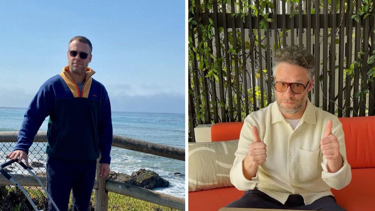 Seth Rogen by the water. Right: Seth Rogen giving thumbs up.