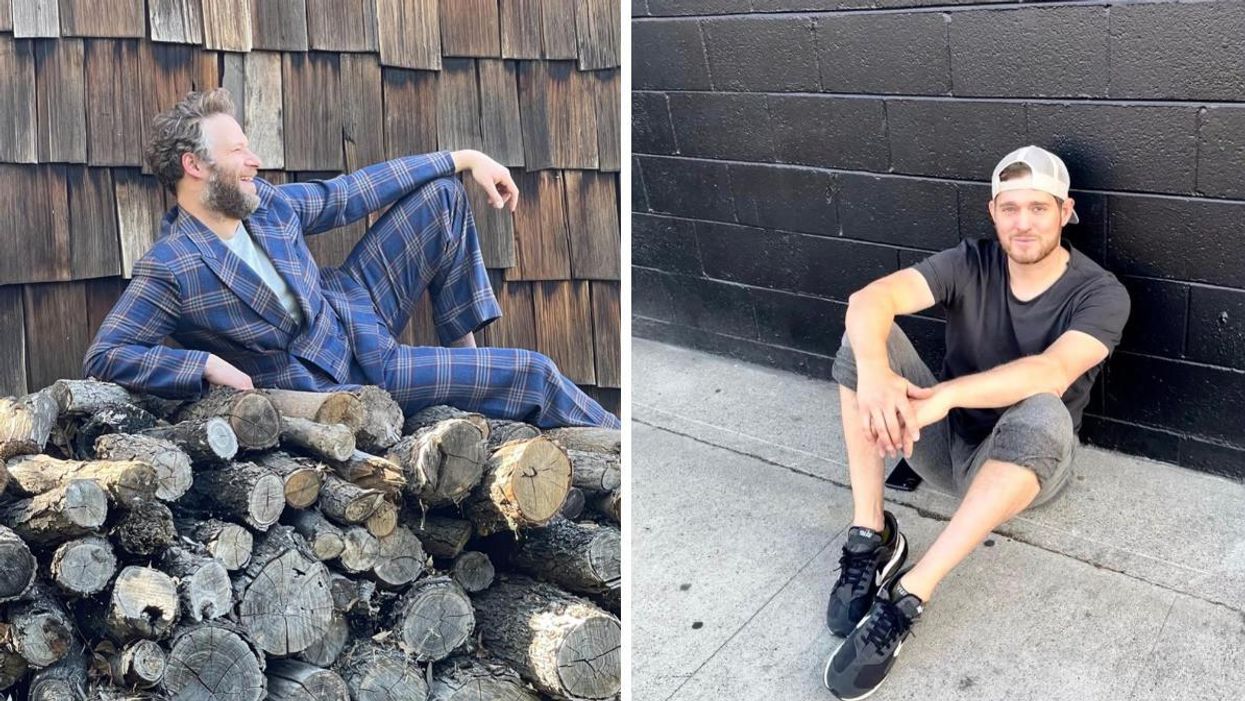 Seth Rogen laying on wood. Right: Michael Bublé sitting on the ground.