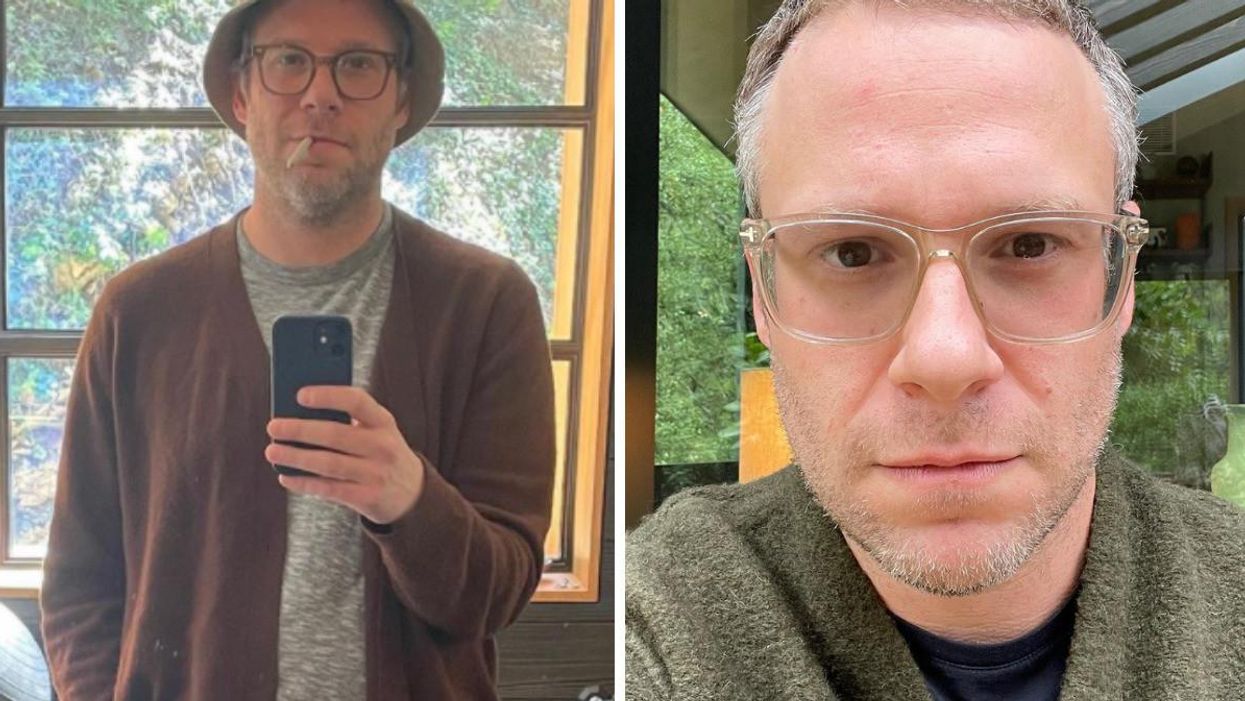 Seth Rogen with a cigarette in his mouth and a bucket hat. Right: Seth Rogen.