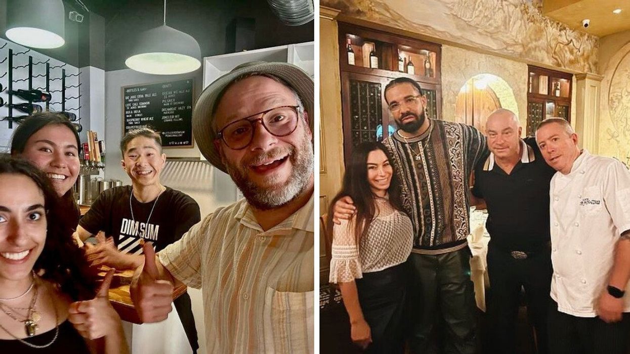 Seth Rogen with staff at Little Bird Dum Sum Restaurant in Vancouver. Right: Drake with staff at La Terrazza Restaurant in Vancouver.