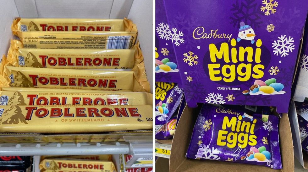 Several bars of Toblerone for sale at Dollarama. Right: Packages of Cadbury Mini Eggs for sale at Dollarama.