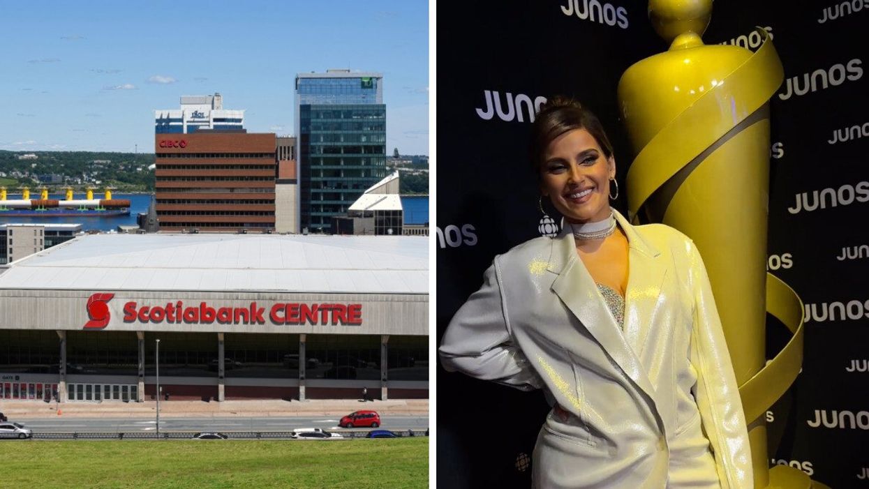 Several buildings with one that says Scotiabank Centre on it. Right: A woman posing for a photo beside a gold statue with the word JUNOS behind her.