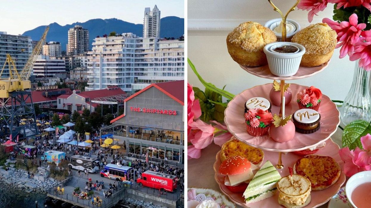 Several buildings with one that says The Shipyards on it, food trucks and a large group of people. Right: A three-tier plate with baked goods and sandwiches on it.